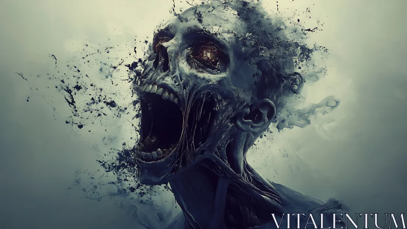 Exploding skeletal scream erupts in a storm of shadow and smoke
