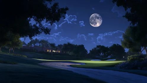 Moonlit golf course fairway with clubhouse and trees at night.