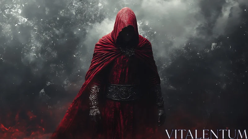 Hooded wanderer in crimson robes amid swirling stormlight.