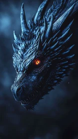 Blue-scaled dragon head glows with single fiery eye