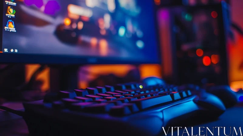 RGB backlit gaming keyboard in neon desktop workspace.