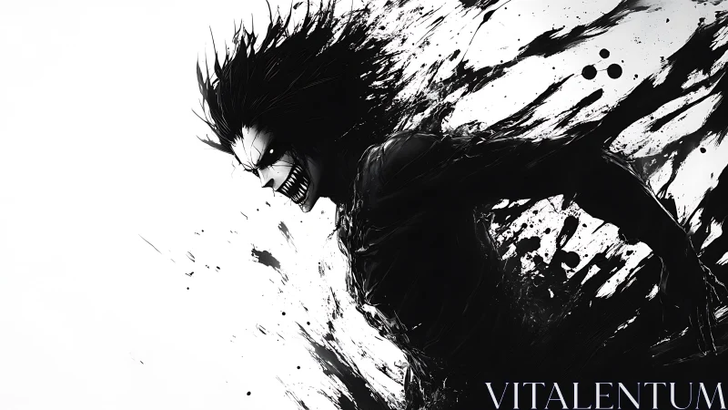 Ink-splattered demon sprint erupts from stark white void.