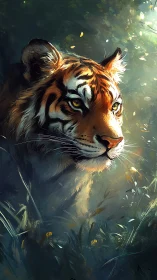 Tiger portrait in diffuse forest light with dense foliage.