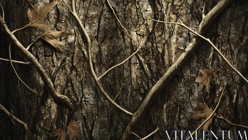 Quiet forest bark pattern with winding branches and leaves.