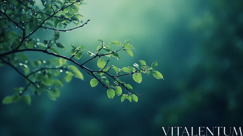 Close-up of Dewy Green Branch in Soft Focus Nature Scene.