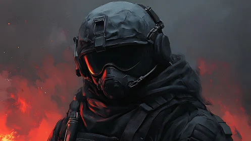 Tactical soldier in black gear before red firestorm.