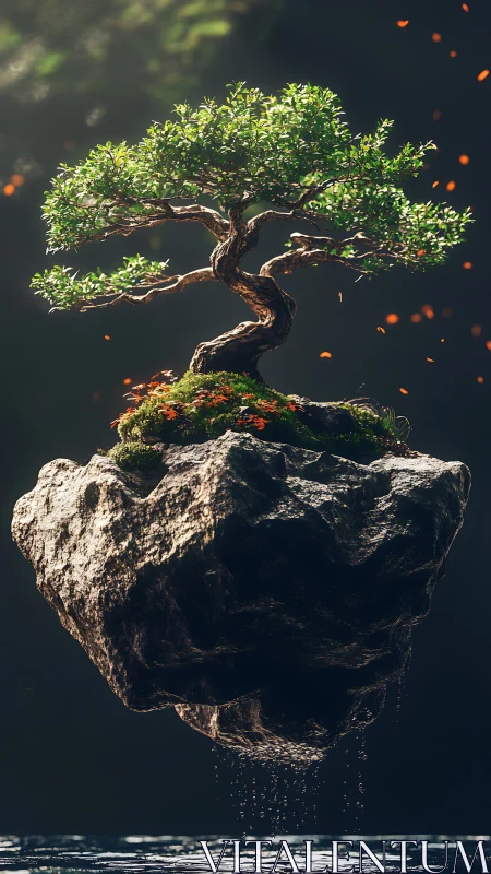 Floating bonsai oasis glowing softly in calm twilight sky.