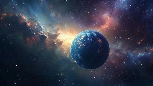 Luminous blue planet drifts through radiant cosmic nebula.
