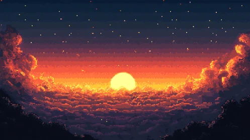 Pixel sunrise over cloud sea with saturated warm gradients.
