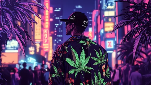 Neon jungle drifter in a cannabis patterned city dreamscape.