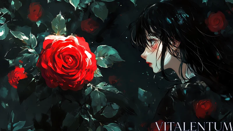 Girl in dark scene facing vivid red rose in close profile.