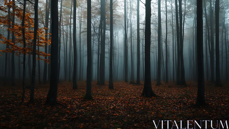 Coniferous Forest with Autumn Leaf Coverage and Atmospheric Fog.