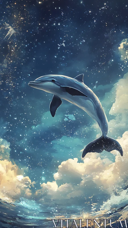 Dolphin swimming through starry sky above bright clouds.