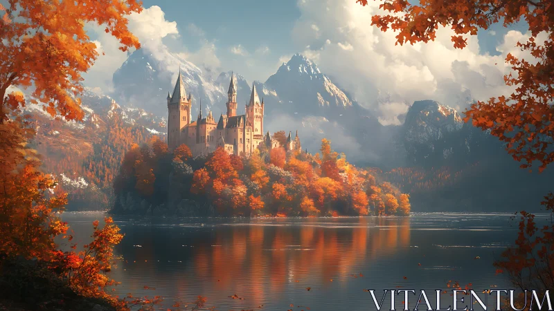 Castle on forested island amid autumn lake and mountains.