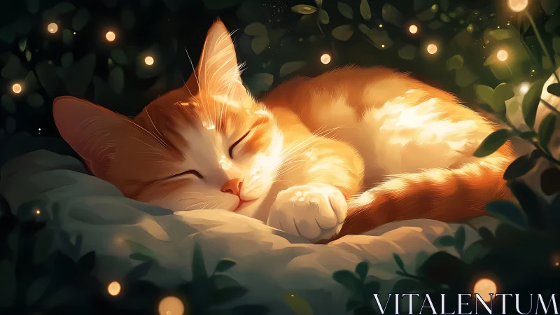 Resting orange tabby cat rendered with soft golden ambient lighting effects.