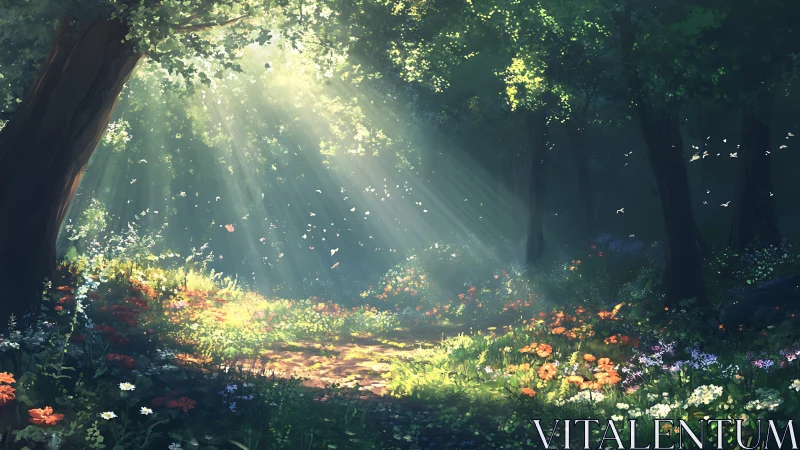 Sunlit forest clearing with wildflowers and dust particles.