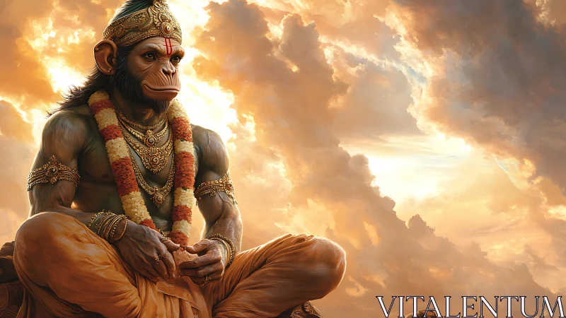 Divine simian warrior in saffron robes amid radiant clouds.
