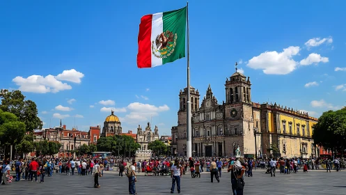 Mexican flag over central square with historic cathedral.