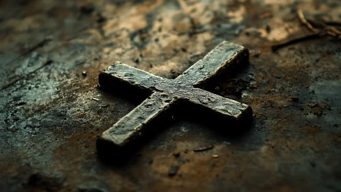 Photorealistic corroded metal cross on distressed ground surface.