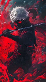 Masked swordfighter commands crimson energy in battle.