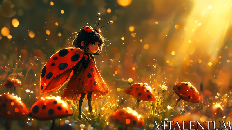 Ladybird girl in sunlit meadow with glowing bokeh field