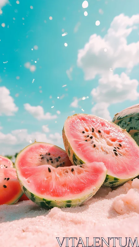 Juicy watermelon slices on bright sandy beach under sky.