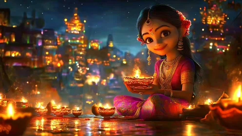 Smiling girl celebrates Diwali with glowing oil lamps at dusk.