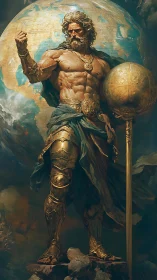 Mythic warrior god before colossal celestial globe.
