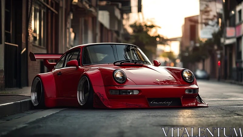 Lowered red widebody sports car on empty urban street at dusk.