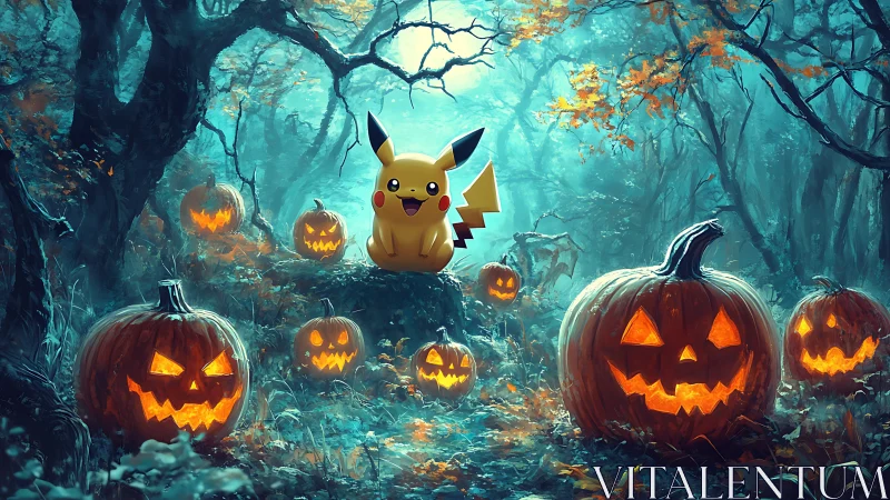 Pikachu in haunted pumpkin forest glowing at dusk.