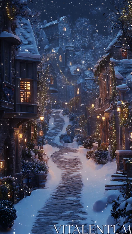 Snowy village street glows with warm winter lantern light.