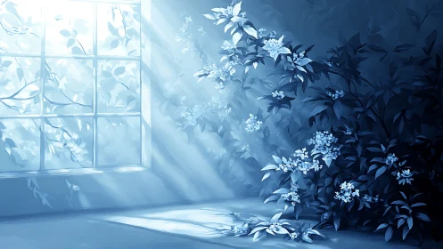 Diffuse window light on blue-toned flowering interior foliage