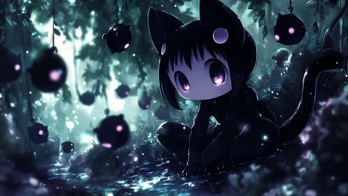 Soft-eyed cat child rests in a glowing midnight forest dream
