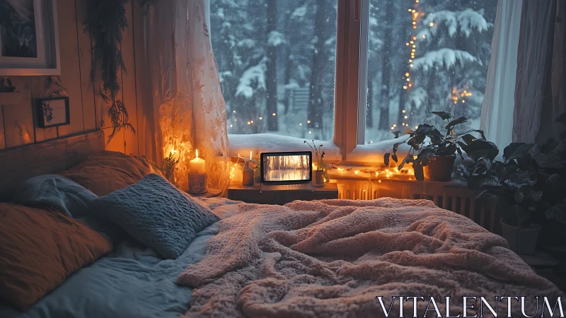 Cozy winter bedroom with candles and soft layered bedding.