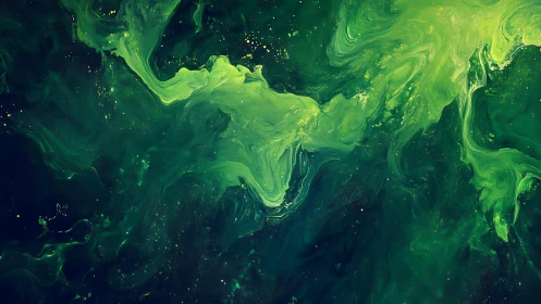Vivid Green Abstract Fluid Art With Swirling Cosmic Patterns.