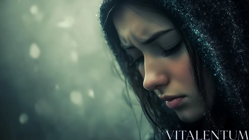 Side-lit portrait isolates somber hooded face with shallow depth