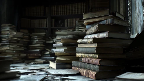 Dusty antique books stacked in dim archival library interior.