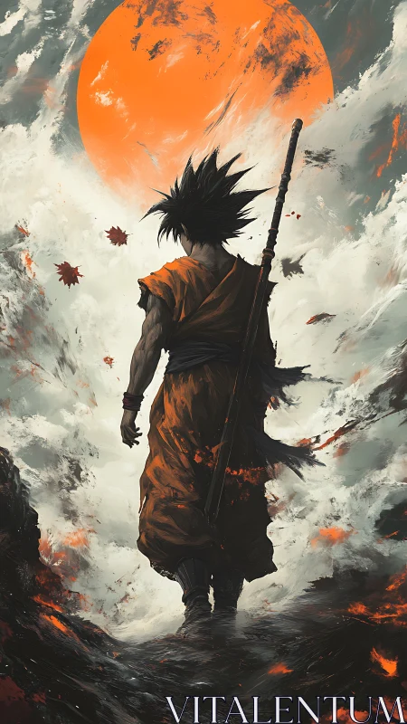 Lone warrior strides toward blazing orange planet sky