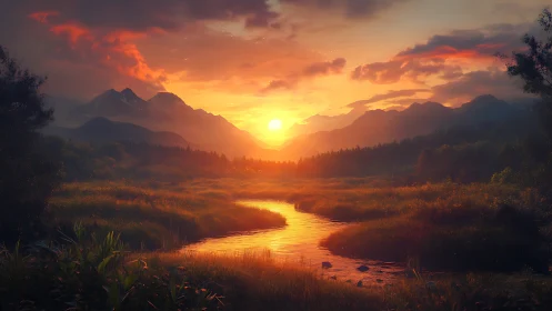 Luminous mountain valley sunset over reflective winding river.