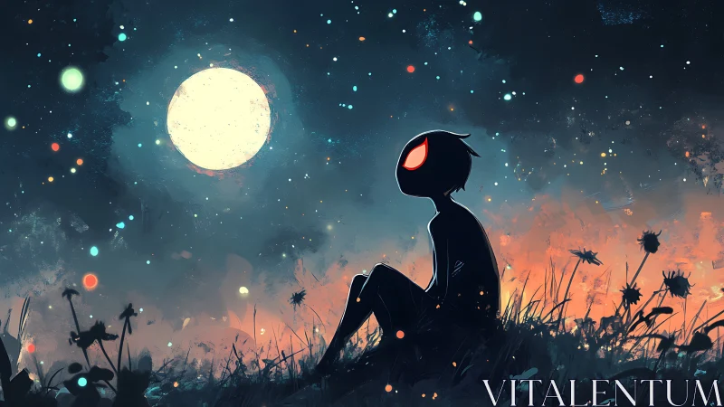 Moonlit dreamer with ember eyes under a wildfire sky.