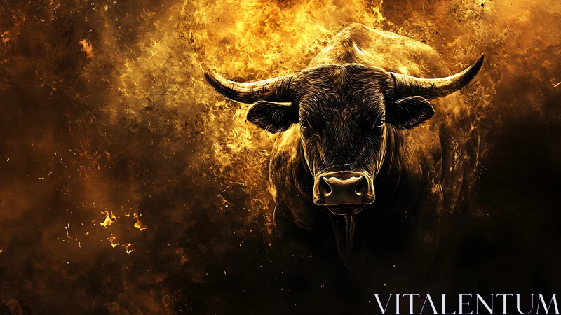 Bull rendered in fiery golden tones on dark abstract field.