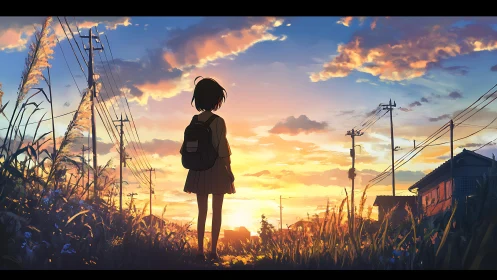 Girl stands on rural road watching vivid sunset sky.