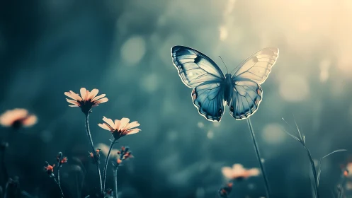 Butterfly in soft backlight above small wildflowers.