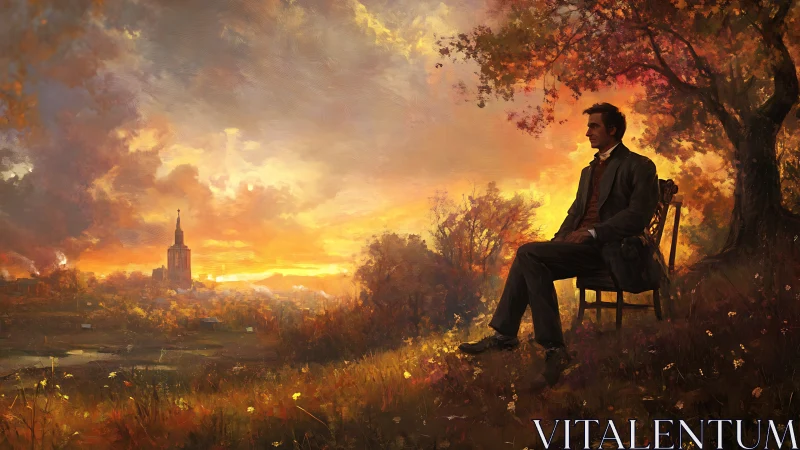 Man sits on hillside at sunset overlooking distant city