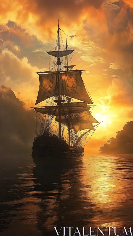 Tri-masted galleon silhouetted against volumetric sunset sky.