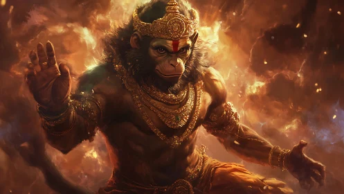 Digital painting of divine simian warrior amid blazing aura.
