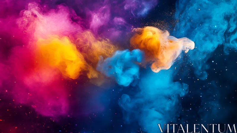 Vibrant clouds of colored smoke on dark cosmic background.