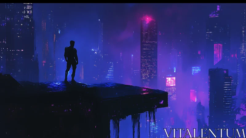 Cyberpunk rooftop silhouette over neon megacity skyline.
