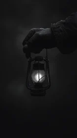 Guiding hand holds a lone lantern in the quiet dark.