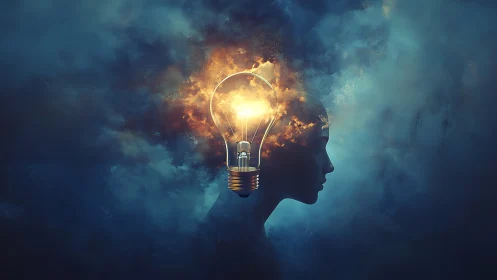 Human head silhouette merged with glowing light bulb form.